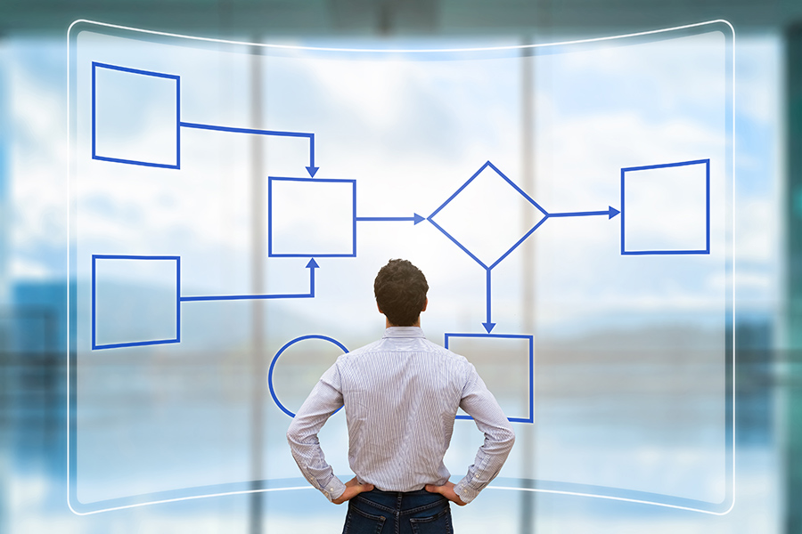 A business professional mapping a connected workflow.